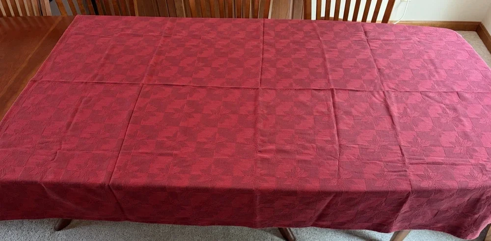Damask Tablecloth Christmas Woven Red Poinsettia Shimmer Accents 76x56 India